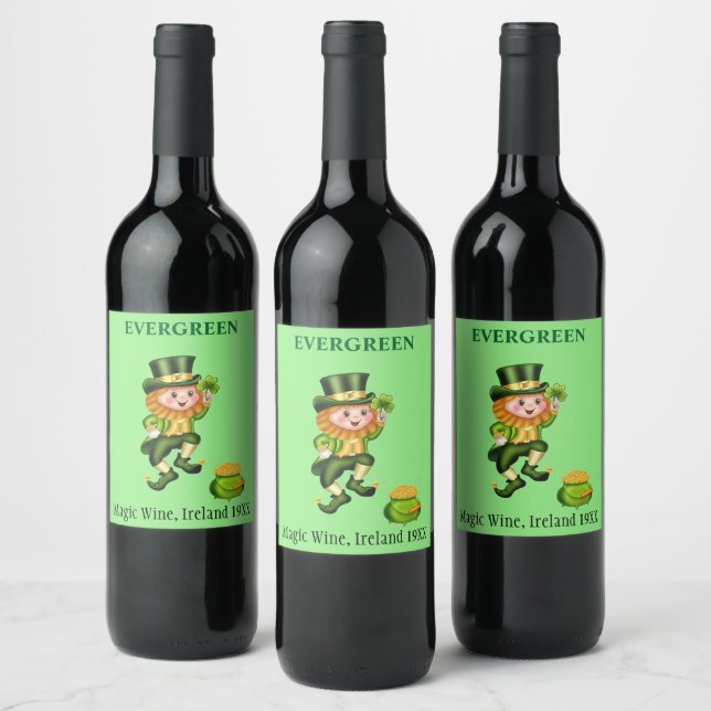 Cute leprechaun & pot of gold on lime green wine label (Bottles)