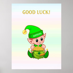 Cute leprechaun & pot of gold on pastel colours poster
