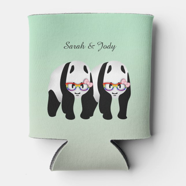 Cute Lesbian Pandas Rainbow Glasses Wedding Favour Can Cooler (Front)