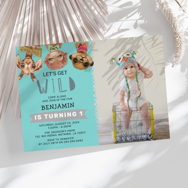Cute Let's Get Wild Blue Jungle 1st Birthday Photo Invitation (Creator Uploaded)