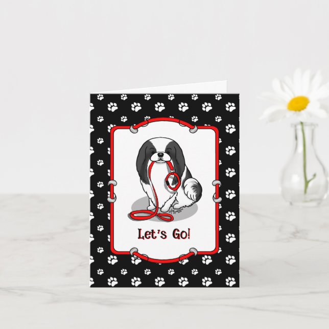 Cute Let's Go! Japanese Chin Dog (black & white 1) Card (Small Plant)