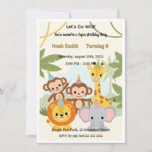 Cute Let's Go Wild Safari Jungle Animals Kids Birt Invitation