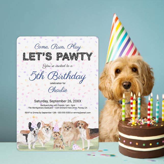 Cute Let's Pawty Blue Custom Dog Birthday Party Invitation (Creator Uploaded)