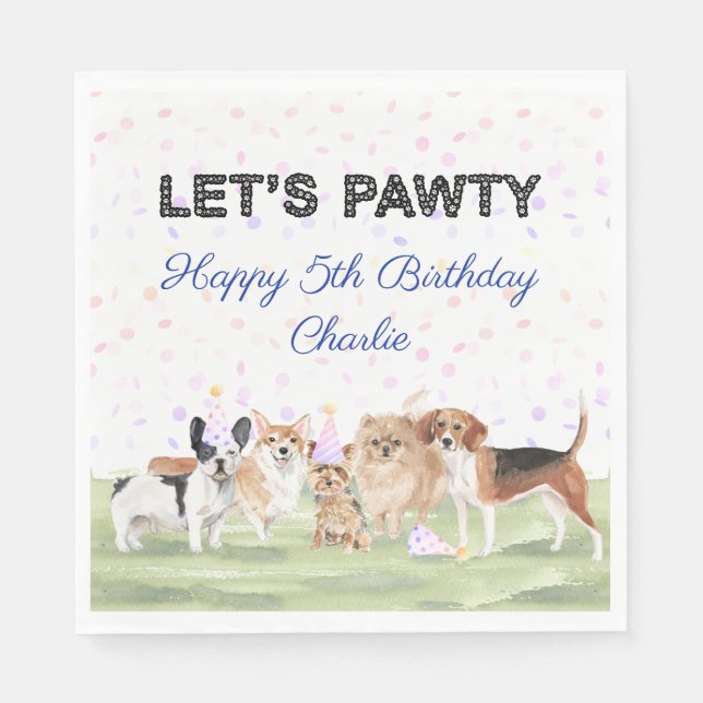 Cute Let's Pawty Blue Custom Dog Birthday Party Napkin (Front)