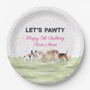 Cute Let's Pawty Pink Custom Dog Birthday Party Paper Plate