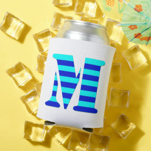 CUTE LETTER M, BLUE Minimal Black Funny Can Cooler