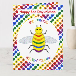 Cute LGBT Bee Proud Rainbow and Flowers Birthday Card