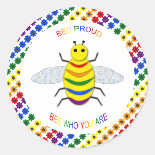 Cute LGBT Proud Rainbow Bee and Flowers Classic Round Sticker