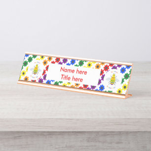 Cute LGBT Proud Rainbow Bee and Flowers Desk Name Plate