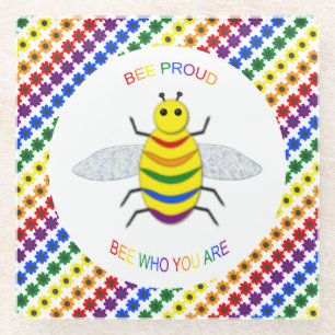 Cute LGBT Proud Rainbow Bee and Flowers Glass Coaster
