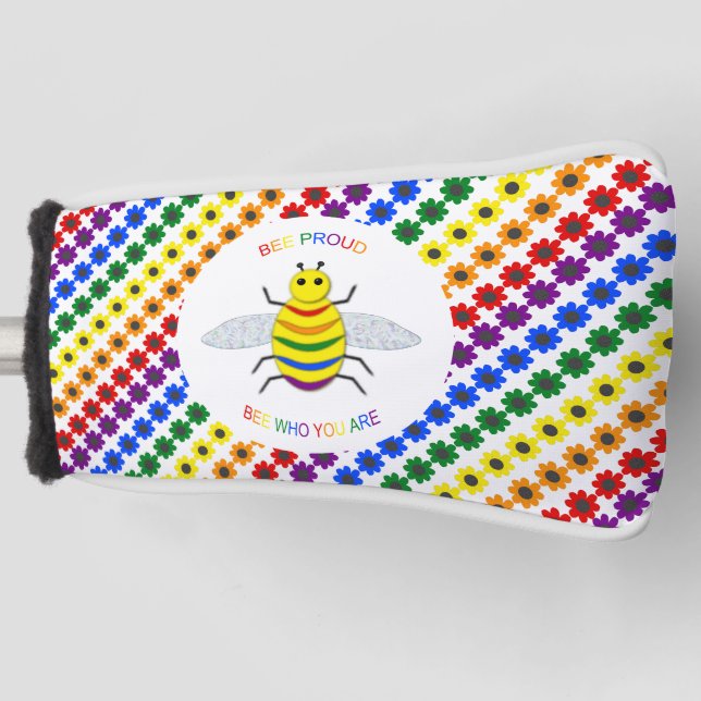 Cute LGBT Proud Rainbow Bee and Flowers Golf Head Cover (Front)
