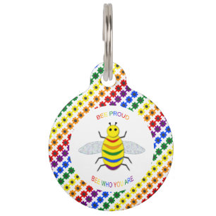 Cute LGBT Proud Rainbow Bee and Flowers Pet Tag