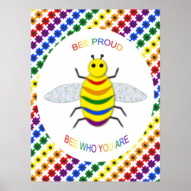 Cute LGBT Proud Rainbow Bee and Flowers Poster (Front)