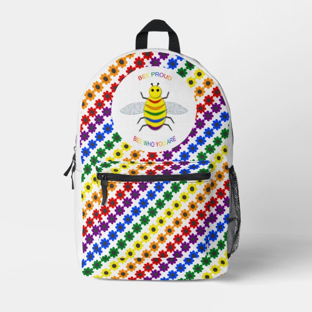 Cute LGBT Proud Rainbow Bee and Flowers Printed Backpack (Front)