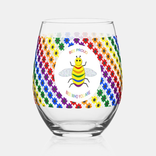 Cute LGBT Proud Rainbow Bee and Flowers Stemless Wine Glass (Front)
