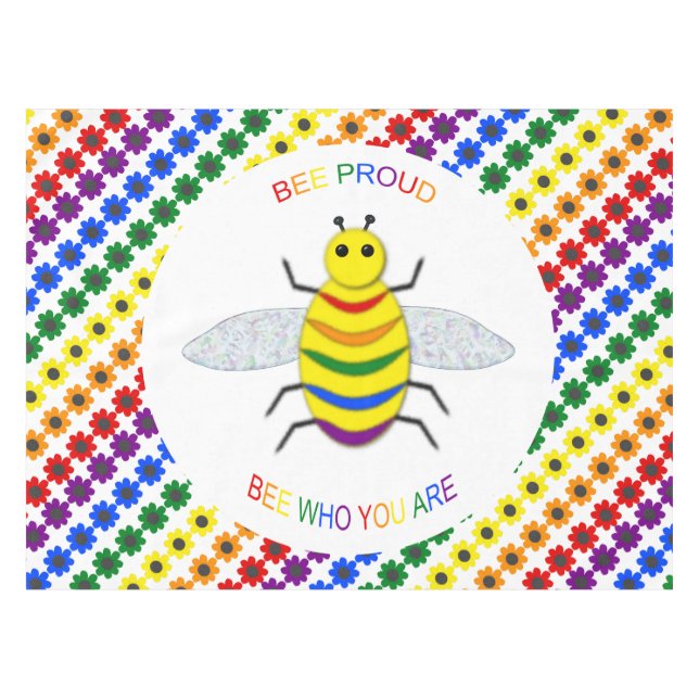 Cute LGBT Proud Rainbow Bee and Flowers Tablecloth (Front (Horizontal))