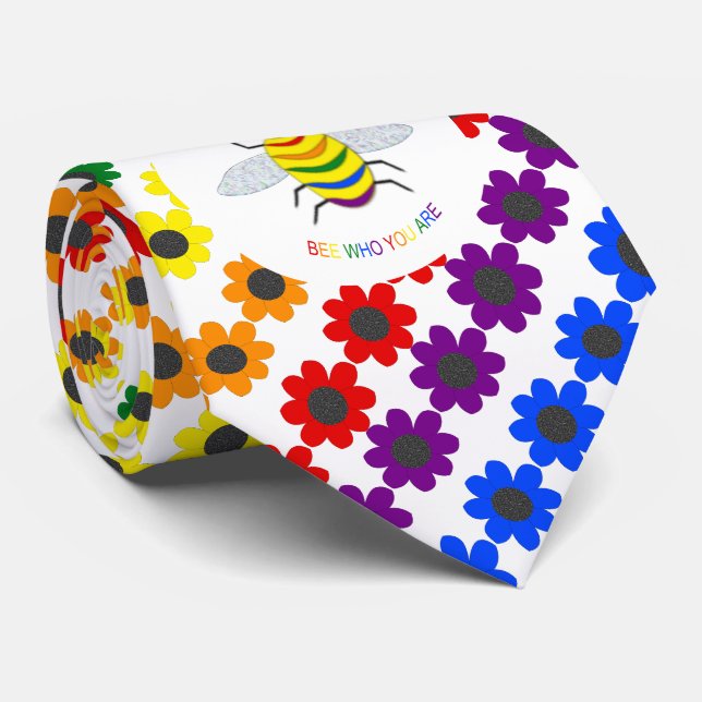 Cute LGBT Proud Rainbow Bee and Flowers Tie (Rolled)