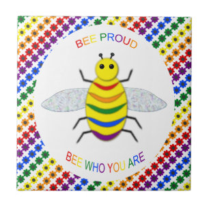 Cute LGBT Proud Rainbow Bee and Flowers Tile