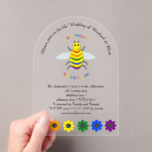 Cute LGBT Proud Rainbow Bee and Flowers Wedding Acrylic Invitations