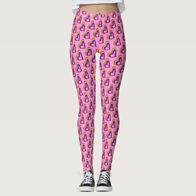 Cute LGBT Rainbow Flag Hearts Pattern Gay Pride Leggings (Front)