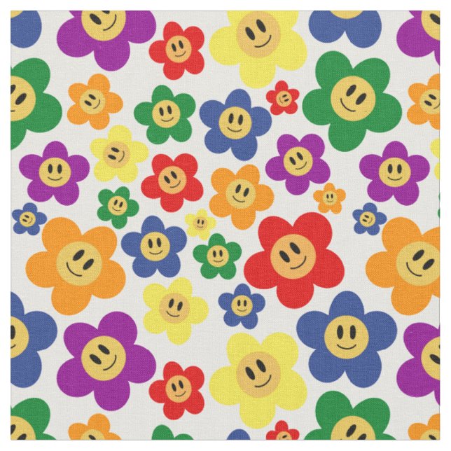 Cute LGBT Rainbow Flower Pattern Fabric (Close Up)