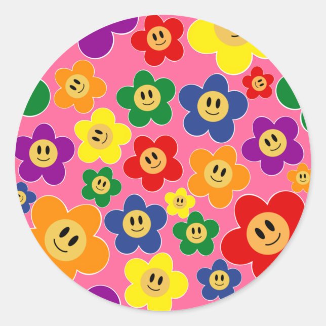 Cute LGBT Rainbow Flower Pattern－Pink Classic Round Sticker (Front)