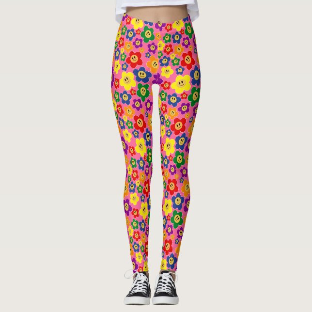 Cute LGBT Rainbow Flower Pattern－Pink Leggings (Front)