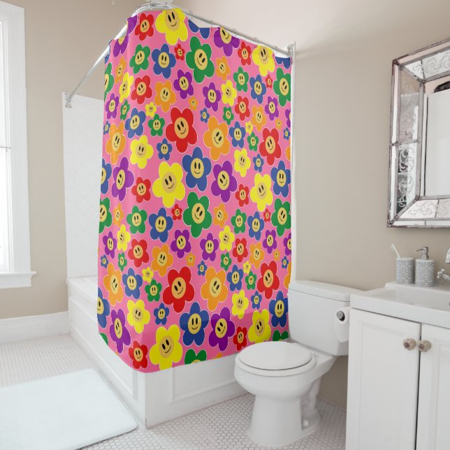 Cute LGBT Rainbow Flower Pattern - Pink Shower Curtain (In Situ)