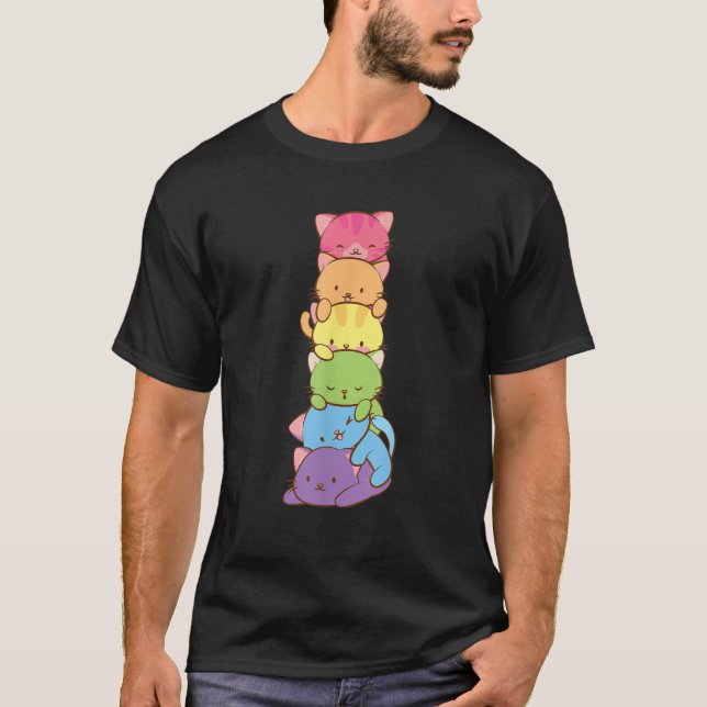 Cute LGBT Rainbow Gay Pride Flag Kawaii Cat Pile A T-Shirt (Front)