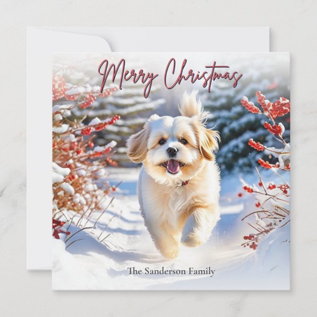 Cute Lhasa Apso Dog In Snow Merry Christmas Holiday Card (Front)