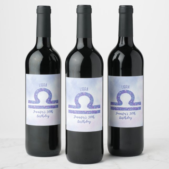 Cute Libra Sign Custom Purple Birthday Party Wine Label (Bottles)