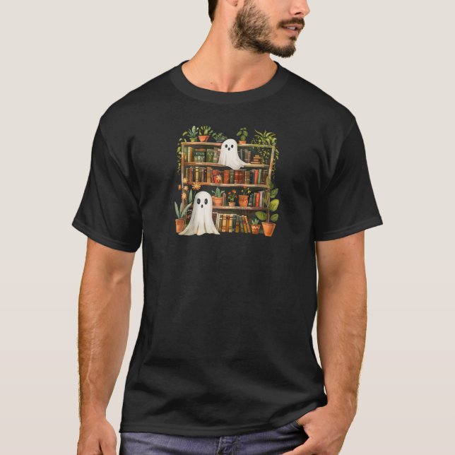 Cute Librarian Spooky Ghost Bookshelves Plant Book T-Shirt (Front)