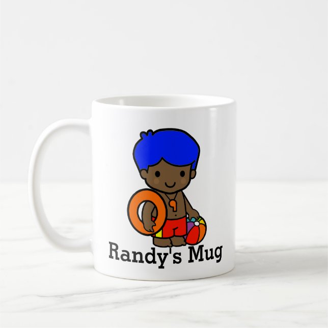 Cute Lifeguard boy with Lifesaver and Beach ball Coffee Mug (Left)