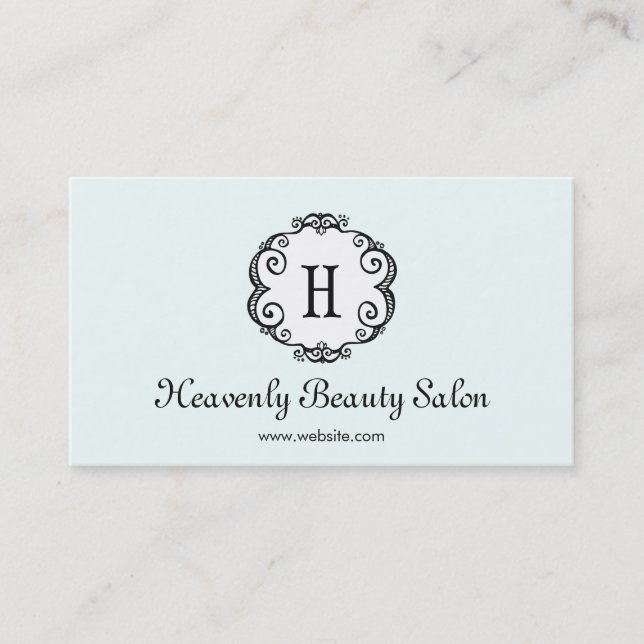 Cute Light Aqua Monogram Beauty Salon Cosmetology Business Card (Front)