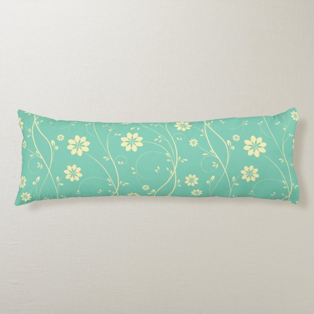 Cute Light Beige & Green Delicate Floral Pattern Body Cushion (Front)