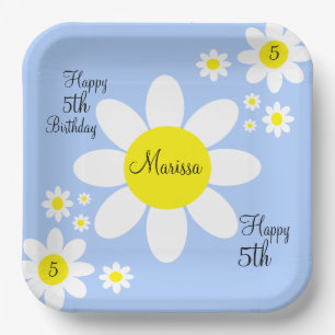 Cute Light Blue and White Floral 5th Birthday Paper Plate