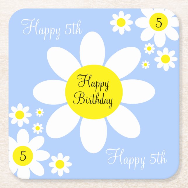 Cute Light Blue and White Floral 5th Birthday Square Paper Coaster (Front)
