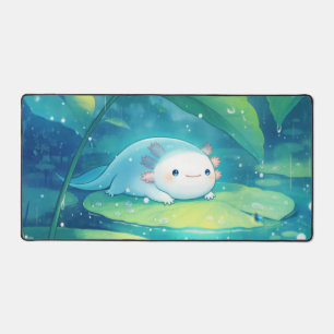 Cute Light Blue Axolotl Rainy Lily Pond Desk Mat