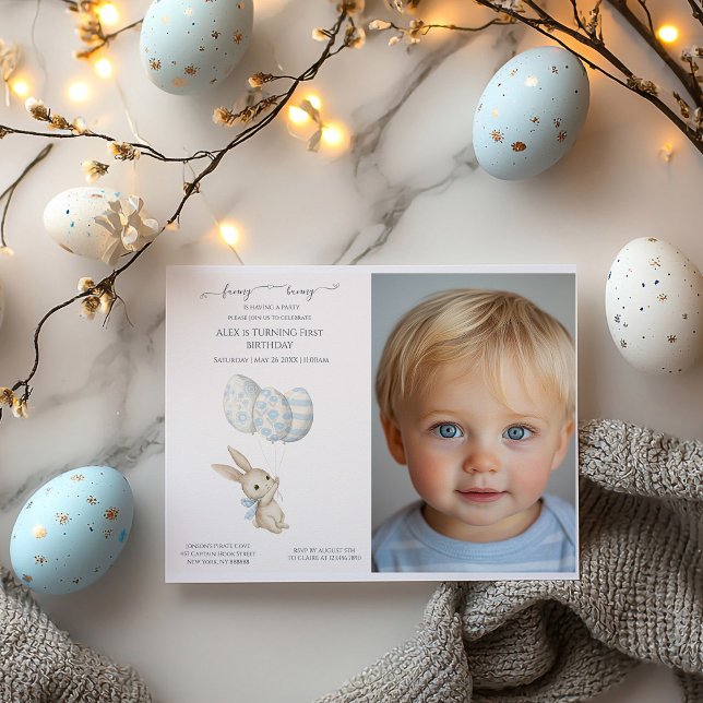 Cute Light Blue Baby Bunny 1st Birthday Invitation (Creator Uploaded)