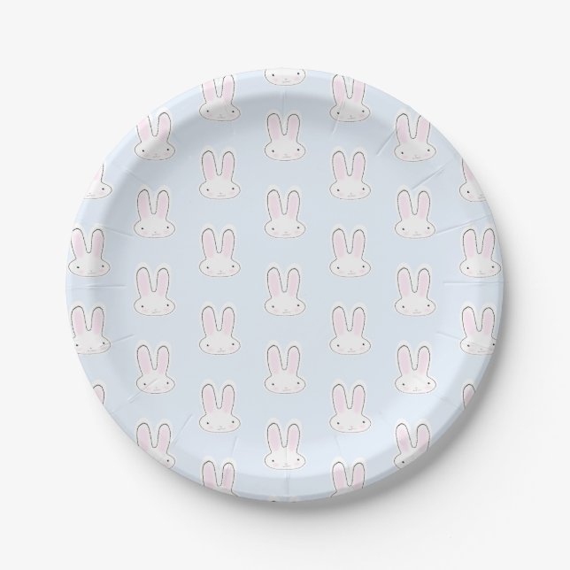 Cute Light blue bunny rabbit fun modern pattern Paper Plate (Front)