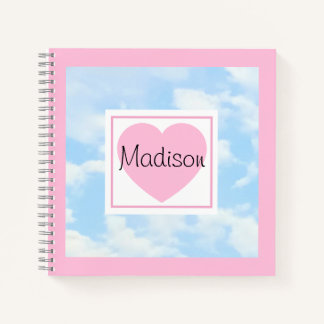 Cute Light Blue Cloudy Sky Pink Heart Custom Name Notebook