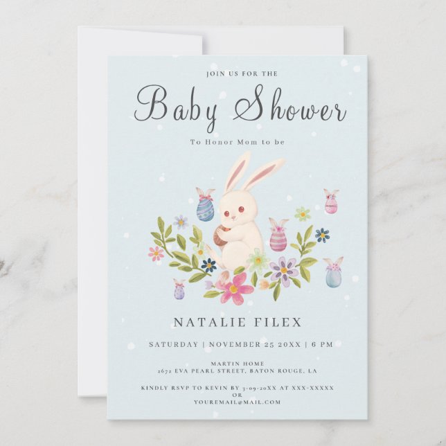 Cute Light Blue Easter Bunny Baby Shower Invitation (Front)