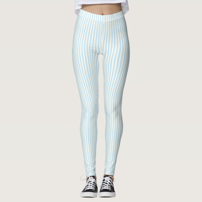 Cute light blue ivory vertical stripes pattern  leggings (Front)
