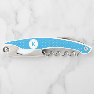 Cute Light Blue Polka Dot Pattern Monogram Corkscrew