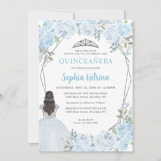 Cute Light Blue Silver Floral Princess Quinceañera Invitation (Front)