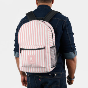 Cute Light Blush Pink Stripes Monogrammed Initials Printed Backpack