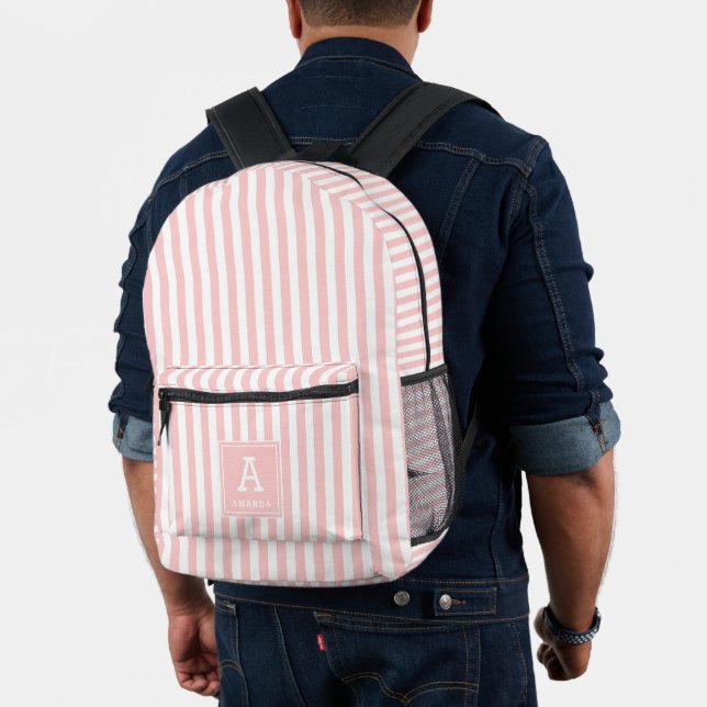 Cute Light Blush Pink Stripes Monogrammed Initials Printed Backpack (Insitu (Model))