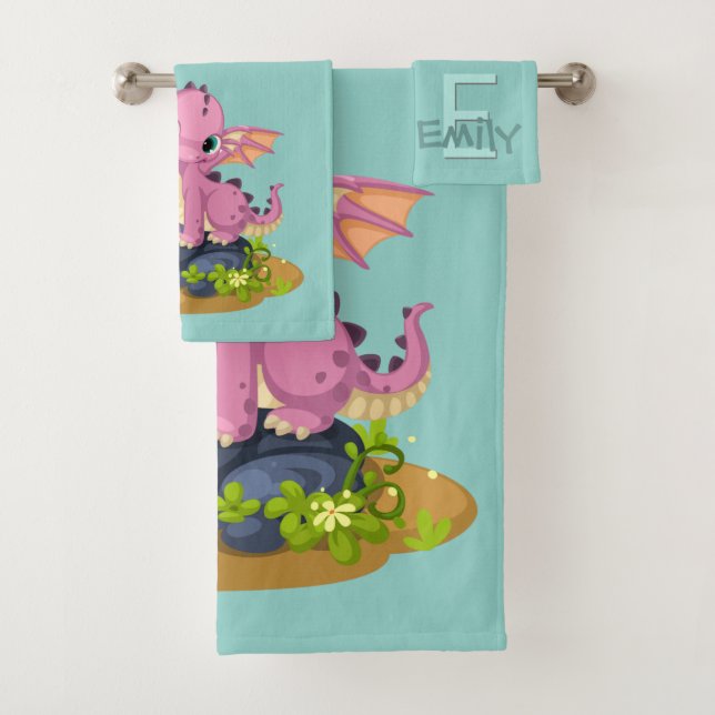 Cute Light Green Baby Dinosaur Monogram Name Baby Bath Towel Set (Insitu)