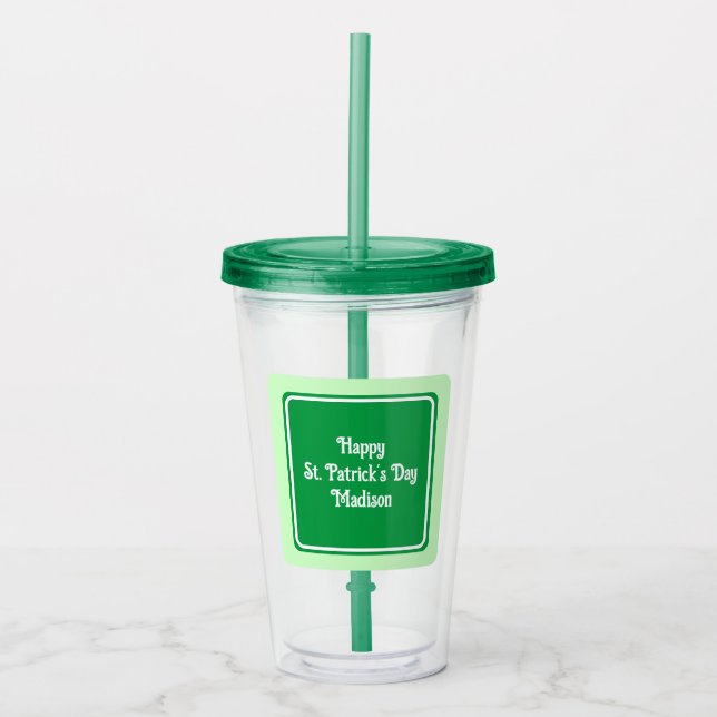 Cute Light Green Happy St Patricks Day Acrylic Tum Acrylic Tumbler (Front)