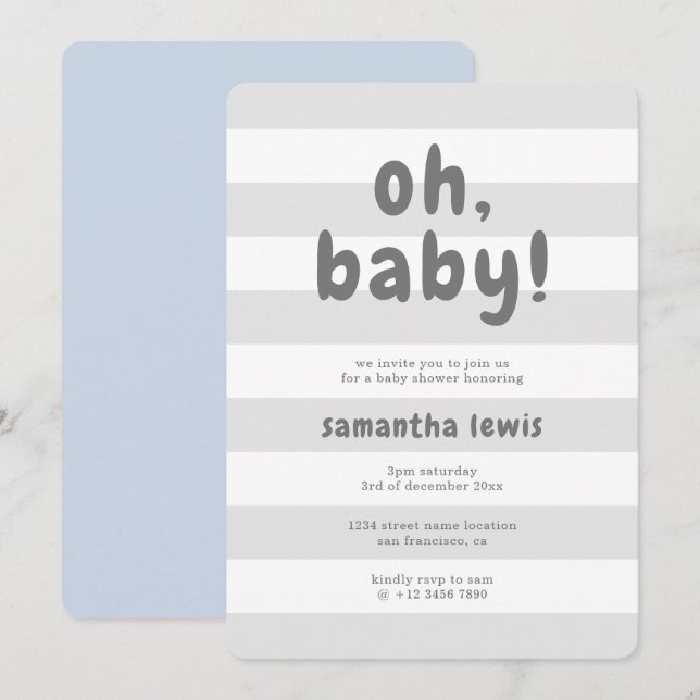 Cute Light Grey Stripes Oh Baby Boy Shower Invitation (Front/Back)